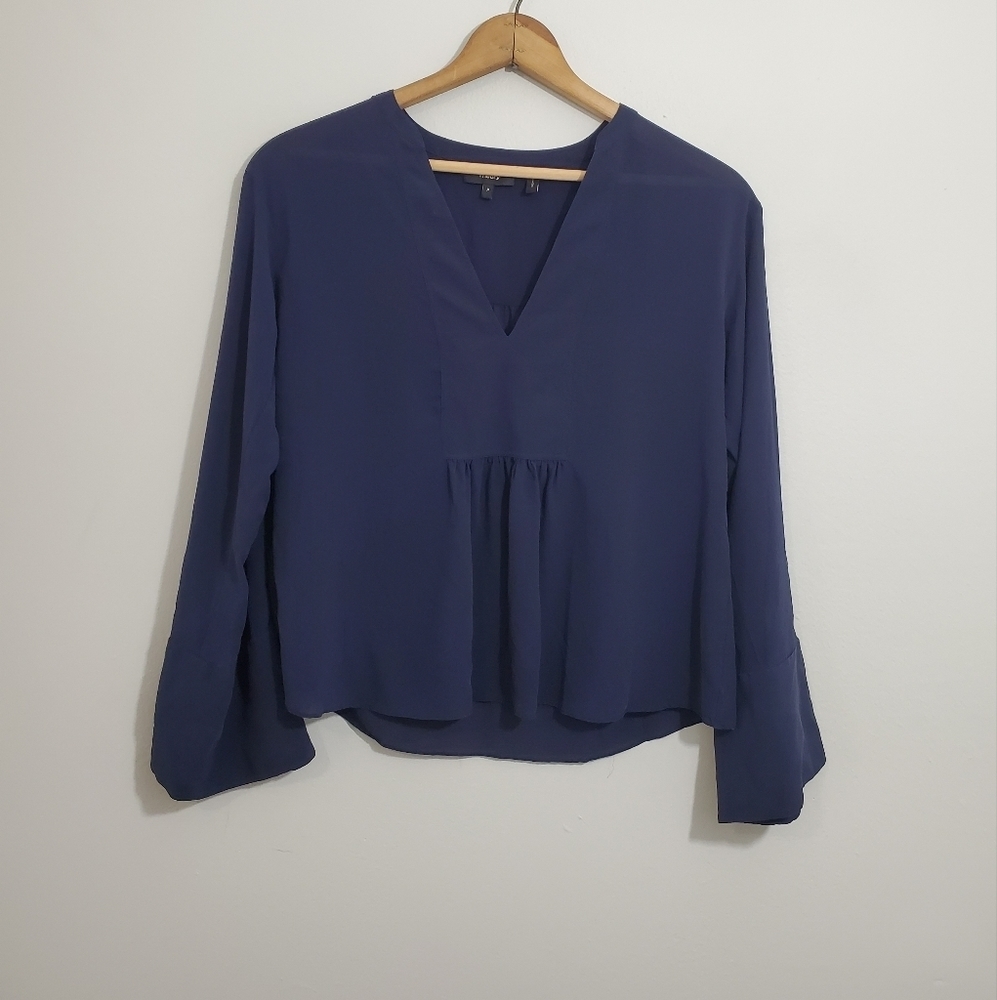 Theory Navy Matara Pebbled Chiffon Silk Blouse